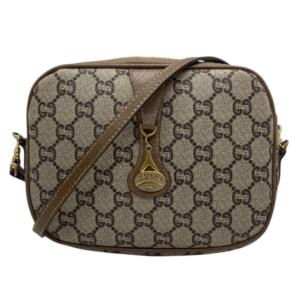 GUCCI Old Gucci GG Plus Shoulder Bag Leather Grey Brown Gold Hardware Logo Cr... - Picture 2 of 16